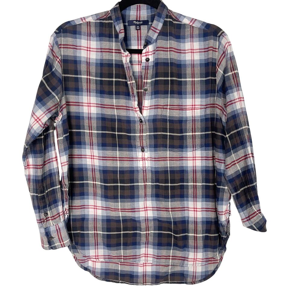 Madewell XSmall Blue Red Collarless Popover in Wheaton Plaid Cotton 3/4 Sleeve